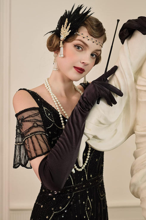 BABEYOND Art Deco 1920's Flapper Great Gatsby Inspired Leaf Medallion Pearl Headband Black Feather...