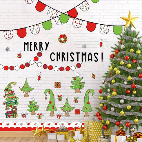 Whaline 94Pcs Merry Christmas Bulletin Board Decoration Kit Holiday Bulletin Board Set Xmas Tree Snowflake Gift Paper Cutouts with Glue Points for...