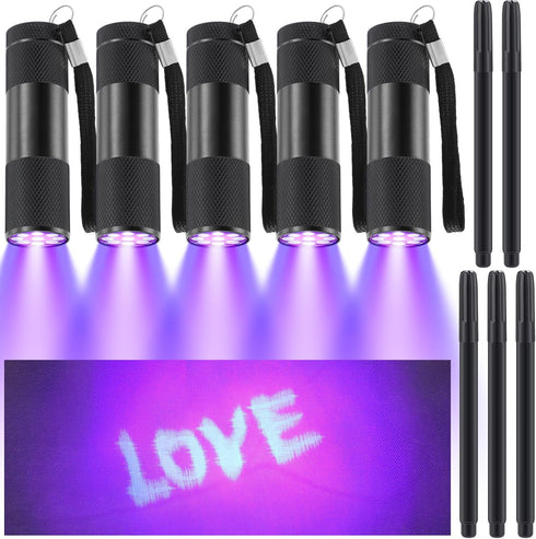10 Pcs UV Blacklight Flashlight Set 5 Invisible Ink Pen 5 Mini UV LED Flashlight, Spy Pen Disappearing Ink Marker with Black Light for Kids Secret...