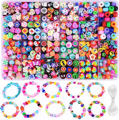 1000PCS Polymer Clay Beads Bracelet Making kit, 24 Style Cute Fun Beads Fruit Flower Animal Cake Butterfly Heart Beads Charms for Jewelry Necklace...