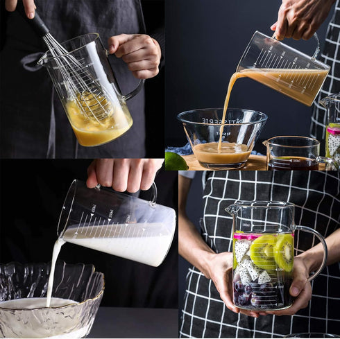 1L Glass Measuring Cups Jugs with Lid Large Measuring Pitcher Beaker Measured Mug Measure Liquid Milk Glass Cup Clear Scale with Spout& Insulated ...