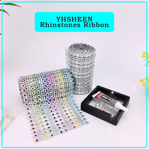 3Yards Crystal Flower Rhinestone Ribbon with Glue, 4.5In/16Rows Rhinestone Mesh Fabric, Bling Rhinestone Ribbon Roll for Crafts, DIY Decoration(3Y...