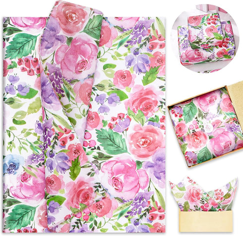 Whaline 100Pcs Floral Tissue Paper Watercolor Flower Gift Wrapping Paper Blossom Packaging Paper DIY Art Craft Paper for Home Wedding Baby Shower ...