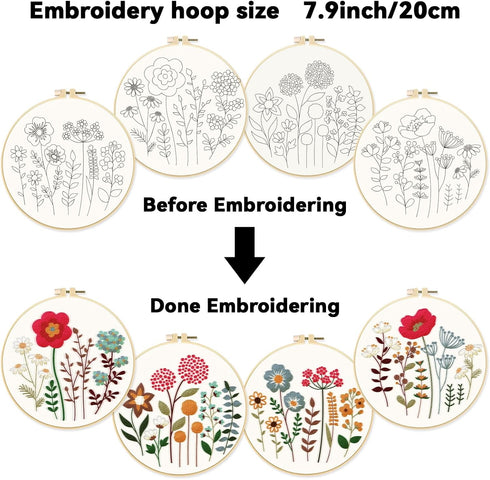 ORIGACH 4 Pack Flowers Embroidery Kits for Beginners, DIY Starter Hand Embroidery Kit with Floral and Plants Patterns and Instructions for Adults ...