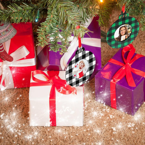 Jetec 12 Pcs Christmas Ball Picture Ornament Bulk Wooden Photo Frame Ornaments Plaid Hanging Decorations for Christmas Tree(Red and Black, Black a...