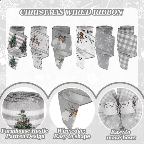 AnyDesign 6 Roll Christmas Wired Ribbon Farmhouse Rustic Craft Ribbon Grey Buffalo Plaid Snowman Snowflake Reindeer Xmas Tree Eucalyptus Gift Ribb...