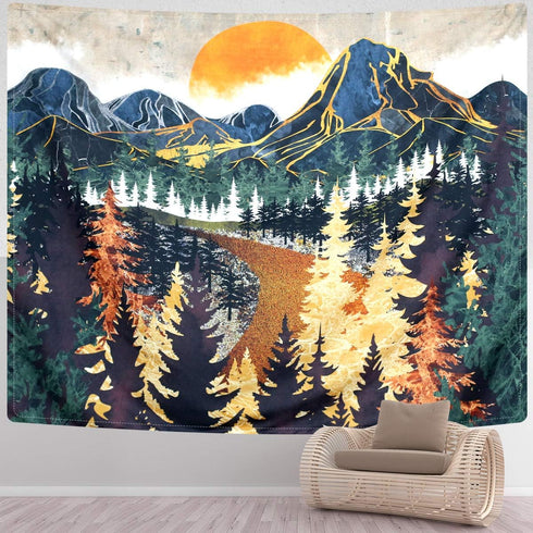 SENYYI Mountain Tapestry Wall Hanging Forest Trees Art Tapestry Sunset Tapestry Road in Nature Landscape Home Decor for Room (59.1 x 59.1 inches)...