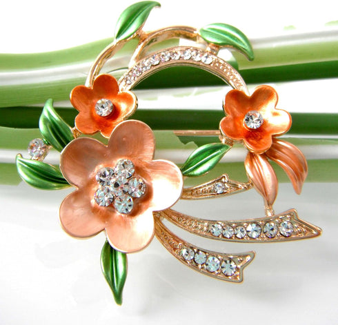 Navachi 18k Gold Plated Multicolor Enamel Flower Ornaments Green Leaves Crystal Brooch Pin...