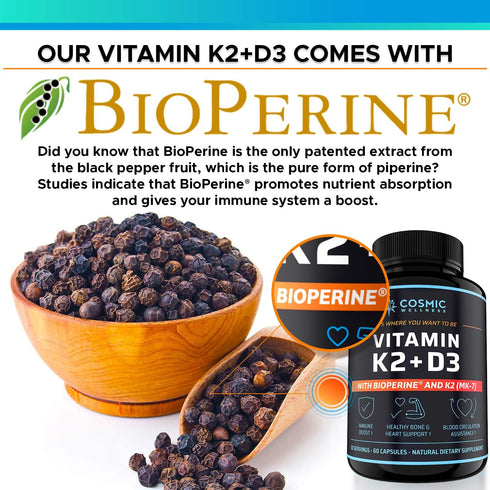 K2 D3 Vitamin Supplement 5000 Iu - For Healthier Bones, Blood, Heart, And Better Immunity - Enhanced Calcium Absorption With Bioperine - 100% Natu...