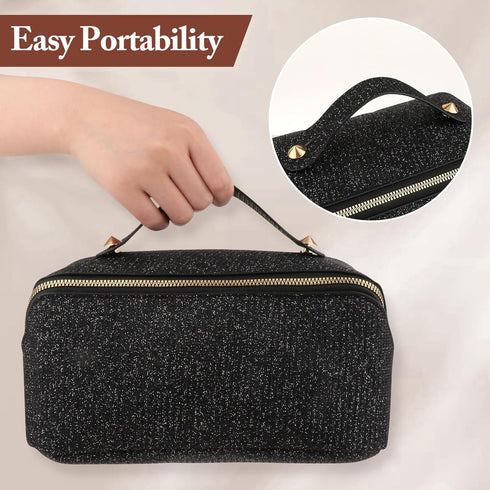 Large Capacity Travel Cosmetic Bag - Lay Flat Makeup Bag with Handle and Compartment Large Opening Sparkly Glitter Cosmetics Organizer for Girl, B...