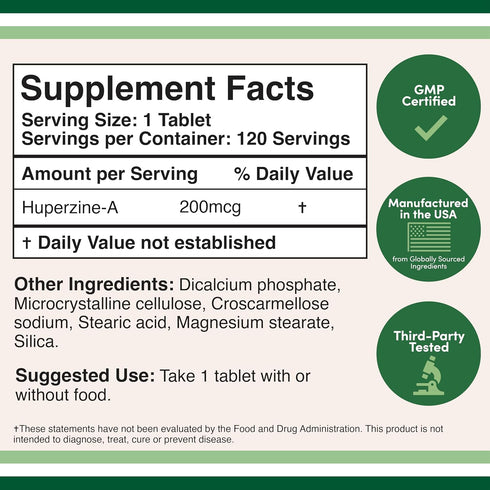 Huperzine A 200mcg (Third Party Tested) Non-GMO, Gluten Free, 120 Tablets, Brain Supplement to Promote Acetylcholine (Acetylcholinesterase Inhibit...