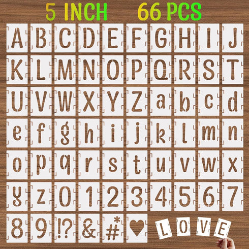 5 Inch Alphabet Letter Stencils, 66 Pcs Reusable Plastic Letter Number Symbol Interlocking Drawing Template Kit for Painting on Wood, Wall, Glass,...