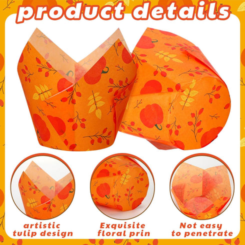 400 Pcs Fall Cupcake Liners Thanksgiving Tulip Wrappers for Baking Autumn Muffin Cupcake Holders Pumpkin Maple Leaf Liners Paper Baking Cups for B...