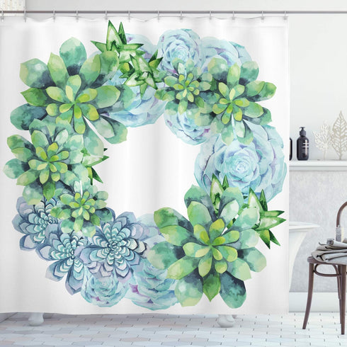 Ambesonne Succulent Shower Curtain, Watercolor Succulent Wreath Circular Design Bridal Wedding Theme, Cloth Fabric Bathroom Decor Set with Hooks, ...