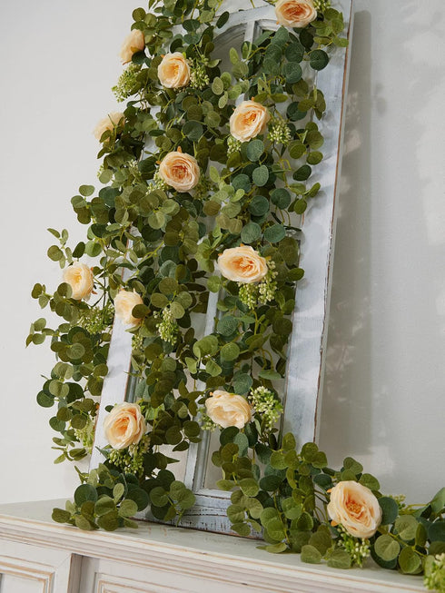 PARTY JOY 6.56ft Eucalyptus Garland with Flowers-8 Champagne Roses-Lush,Natural Looking, Floral Garland Greenery for Party Wedding Table Indoor Ou...