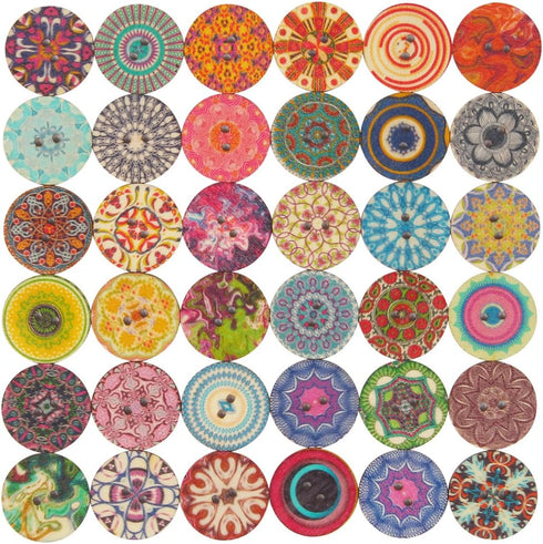 100pcs Mixed Random Flower Painting Round 2 Holes Wood Wooden Buttons for Sewing Crafting 20mm...