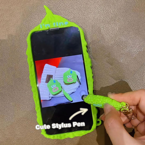 3D Silicone iPhone 15 Case with Funny Creative Stylus, Balsam Pear Design Cartoon Soft Silicone Full Protection Shockproof Cases Cover Skin for Ki...