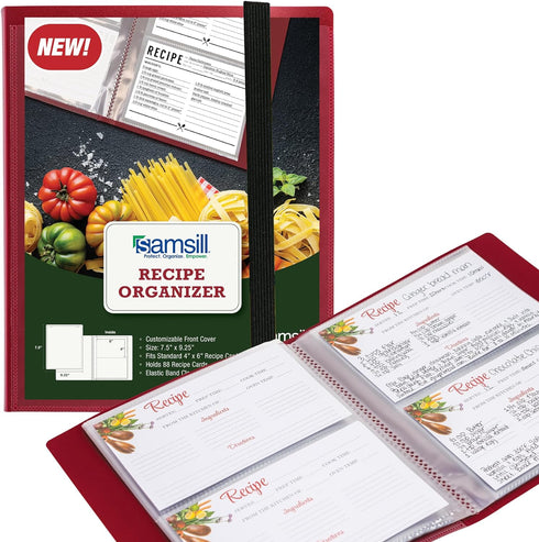 Samsill Plastic Recipe Holder, Recipe Book with Plastic Sleeves, Holds up to 88 Recipe Cards, 4x6 Index Cards, Customizable Cover...