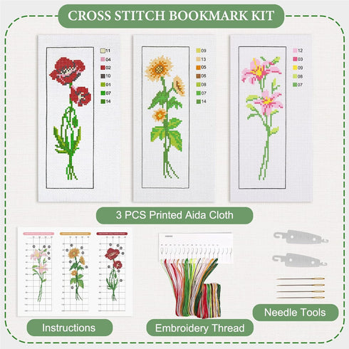 Caydo 3 Pieces Cross Stitch Bookmark Kits, DIY Stamped Embroidery Bookmark Kit for Beginner Flower Patterns 14 Count Crossstitch Projects for Book...
