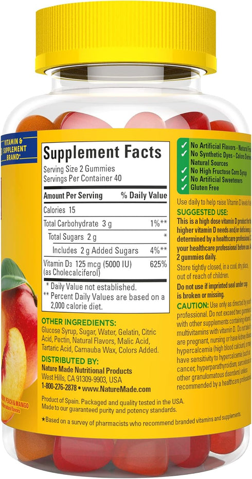 Nature Made Extra Strength Vitamin D3 5000 IU (125 mcg) per serving, Dietary Supplement for Bone, Teeth, Muscle and Immune Health Support, 80 Gumm...