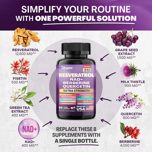 Resveratrol Supplement 12600mg NAD+ 100mg Milk Thistle 900mg Berberine 4000mg Fisetin 500mg Quercetin 800mg NAC 100mg Grape Seed Extract 400mg Gre...