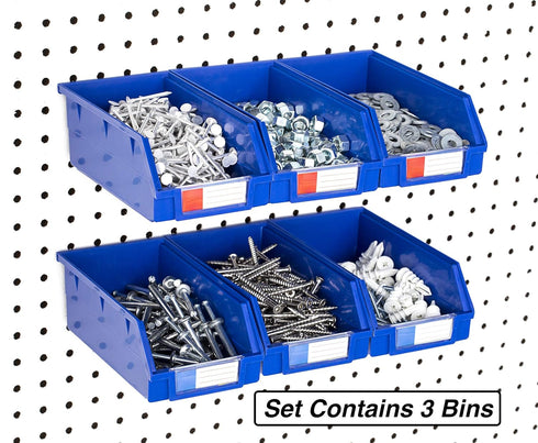 Pegboard Bins – 3 Pack Blue Extra Large - Hooks to Any Peg Board - Organize Hardware, Accessories, Attachments, Workbench, Garage Storage, Craft R...