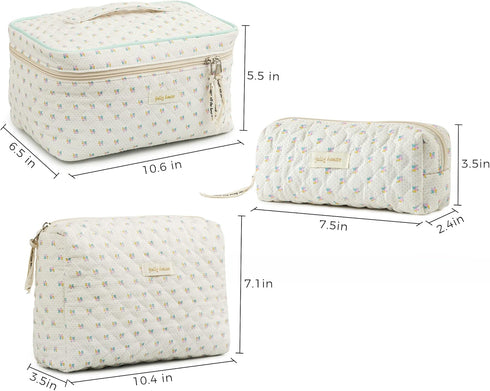 HBselect 3 PCS Quilted Makeup Bag, Cotton Large Travel Makeup Bag, Cute Floral Coquette Make up Bag Cosmetic Bag Toiletry Bag for Women Girls...
