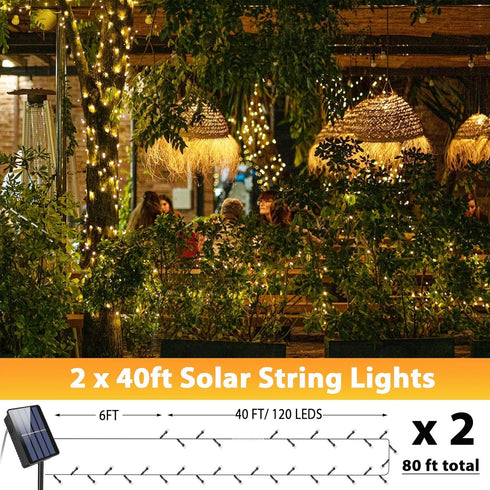 2 Pack Total 80FT Solar String Lights for Outside, 240 LED Outdoor String Lights Solar Powered, IP65 Waterproof Christmas Fairy Tree Light with 8 ...