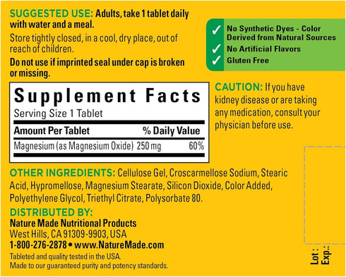 Nature Made Magnesium Oxide 250 mg, Magnesium Supplement for Muscle, Heart, Bone and Nerve Health Support, 100 Tablets, 100 Day Supply...