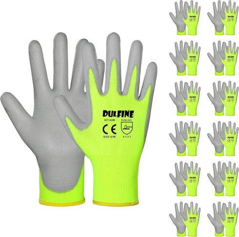 DULFINE Safety Work Gloves for Men PU Coated 12 Pairs Bulk Pack,Hi-Vis Yellow Seamless Knit Glove with thin Polyurethane Coated Smooth Grip on Pal...