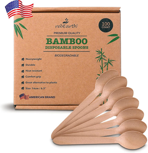 100 Count All Natural Eco-Friendly Bamboo Heavyweight Spoons 6" - Durable, Heat Resistant and Comfortable to Hold - The Perfect Alternative to Pla...
