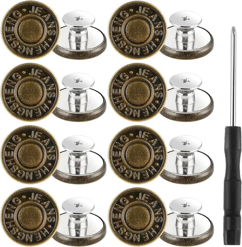 16 Pcs Jeans Buttons Replacement, 17 mm No-Sew Buttons for Jeans Pants Button Tightener Pins Replacement Repair Kit with Threads Rivets and Screwd...