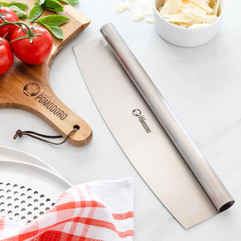 Chef Pomodoro Pizza Cutter Rocker Knife with Protective Cover, Multipurpose 14 Inch Mezzaluna Chopper with Super Sharp Stainless Steel Blade, Blad...