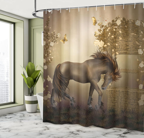 Ambesonne Mystic Shower Curtain, Horse in Roses Garden with Butterflies Fantasy Romantic Moon Print, Cloth Fabric Bathroom Decor Set with Hooks, 6...