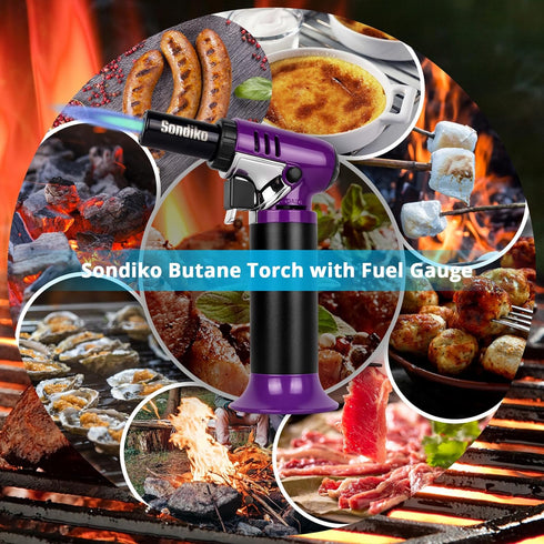 Sondiko Butane Torch with Fuel Gauge S907, Refillable Soldering Torch Lighter with Adjustable Flame for Welding, Resin Art, Industrial, Purple & B...