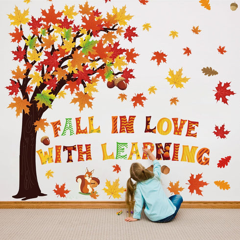 123 PCS Fall Classroom Tree Decorations Maple Leaves Bulletin Board Cutouts Fall in Love with Learning Decors Autumn Party Supplies with Glue Poin...