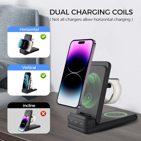 Foldable 3 in 1 Wireless Charging Station for Multiple Devices Apple,Wireless Charger for Travel,Wireless Charging Stand Compatible with iPhone 15...