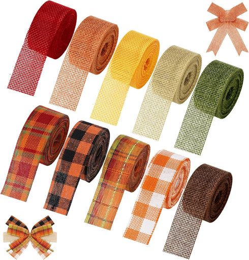 Whaline 10 Rolls 50 Yards Plaid Burlap Ribbon Rolls 1 Inch Fall Wrapping Ribbon Thanksgiving Ribbon Autumn Decorative Ribbon for Autumn Harvest Th...