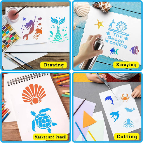 80 Pcs 5 x 5 Inch Stencils for Painting on Wood, Reusable Sea Ocean Creatures Stencils Mermaid Stencils Dolphin Shark Plastic Stencils DIY Craft T...