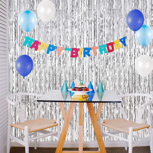 CHRORINE 2pcs 3ft x 8.3ft Silver Tinsel Foil Fringe Curtains Streamers Backdrop for Birthday Graduation Engagement Bridal Shower Bachelorette Baby...
