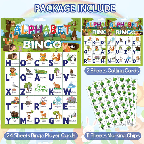Animal Bingo Game for Toddler Adults, 24 Players Animal Bingo Cards Letter Recognition Animals Themed Bingo Game Cards Jungle Safari Party Game fo...