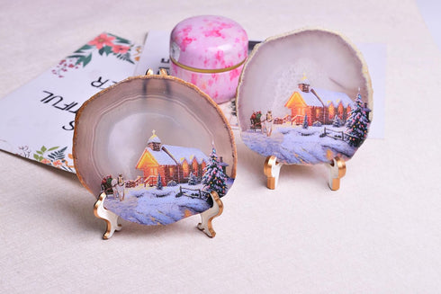 AMOYSTONE Large Agate Slice Art Painting Table Display Natural Agate Geode Stone Piece Decorative Plate with Stand Home Office Decoration Unique G...