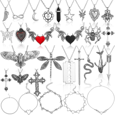 Bonuci 30 Pieces Grunge Necklace Set Goth Cross Necklace Y2k Necklace Punk Rock Vintage Harajuku Gothic Feather Chain Choker Necklace Jewelry Cost...