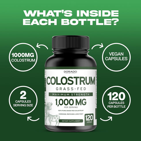 Colostrum Supplement 1000mg Per Serving - (Bovine Colostrum Capsules, Std. to Contain 20% IgG Immunoglobulins) - Grass Fed Colostrum - 120 Vegan C...