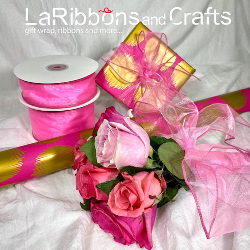 LaRibbons Organza Wired Ribbon, Hot Pink Sheer Ribbon for Flower Bouquet, Gift Wrapping, Wedding Invitations Wreaths Wrap, Party Decoration, 1 1/2...
