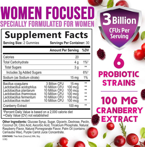 Probiotic Gummy for Women - Digestive Health Support, 3 Billion CFU Womens Probiotic for Vaginal pH, Urinary & Immune Support, 6 Diverse Strains w...