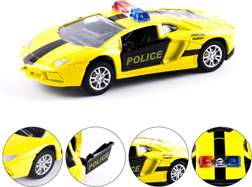 Die Cast Metal Little Toy Cars Set of 5, Openable Doors Pull Back Car Gift Pack for Kids (Police car)...
