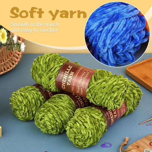 4 * 3.35oz/100g Chenille Yarn, Velvet Yarn, Chenille Yarn for Crocheting, Blanket Yarn with Big Eye Needles, Stitch Markers, Soft Chenille Yarn fo...