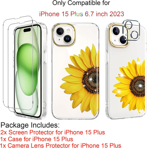 BAISRKE Clear Case Design for iPhone 15 Plus 6.7 inch, with 2 Pack Screen Protectors + 1 Pack Camera Lens Protector Slim Shockproof Women Cute Bum...