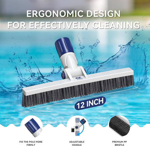 Pool Brush Head with Adjustable 180° Handle Rotation, 12" ASA Material Pool Brush for Cleaning Pool Walls, Tiles & Floors, Pool Scrub Brush with P...